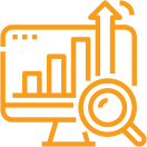 Graphic of magnifyin glass looking at bar chart on screen