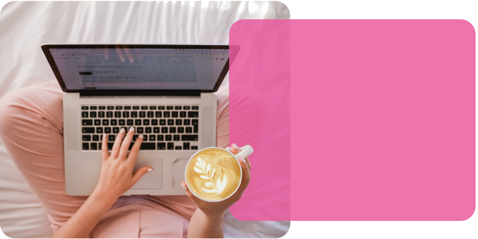 Lady holding coffee and working on laptop from bed