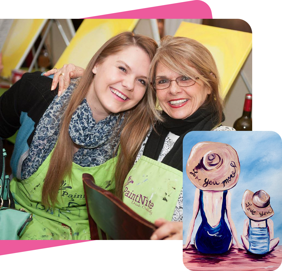 Mother and daughter smilling in Paint Nite aprons. Painting of mother and child in hats and bathing suits.