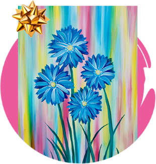 Abstract painting of flowers with stripey colored background.