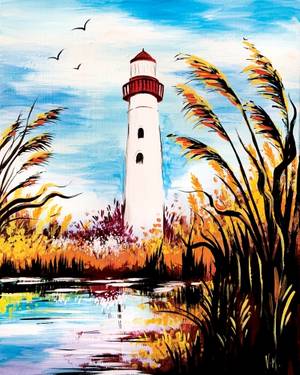 Light house in fall painting by Vera Malkiskaya