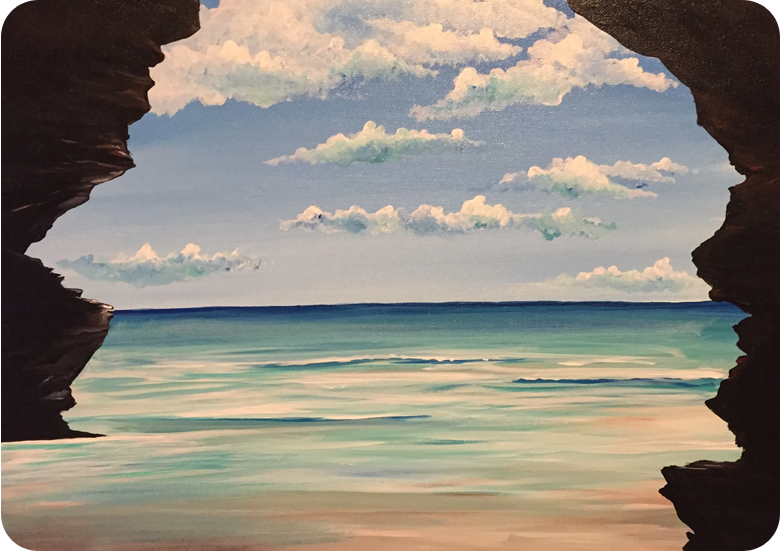 Acrylic painting of the ocean, sky and surrounding rocks.