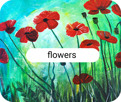 Poppy painting with green and blue background.