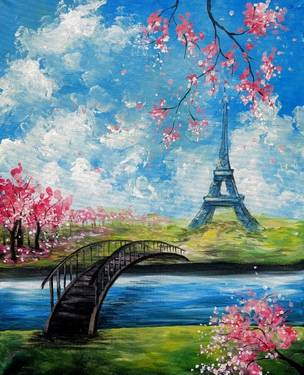 A Bridge and Blossoms in Paris paint nite project by Yaymaker