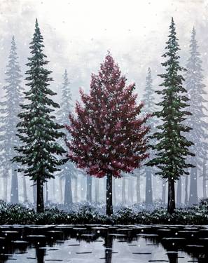 A Ever Red Tree among the Snowy Evergreens paint nite project by Yaymaker