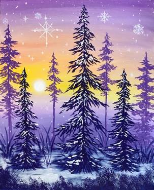 A Winter Forest Sunset paint nite project by Yaymaker