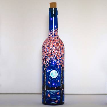 Moonlit Stars and Blossoms Wine Bottle with Fairy Lights - Paint and sip event at BloNo Pizza Co. in Normal, IL - PaintNite.com