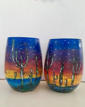 Cactus Sunset Stemless Wine Glasses - Paint and sip event at Irish Wolfhound Restaurant & Pub in SURPRISE, AZ - PaintNite.com