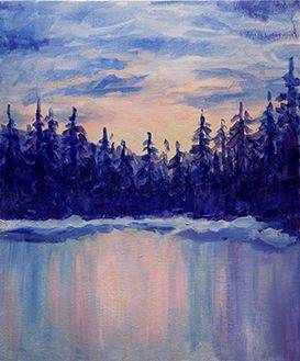 A Pine Trees on Frozen Lake paint nite project by Yaymaker