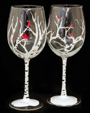 Winter Birches Wine Glasses - Paint and sip event at Myra's Bar & Grill (Best Western Brantford Hotel) in Brantford, ON - PaintNite.com