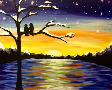 A Winter Sunset Lovers paint nite project by Yaymaker