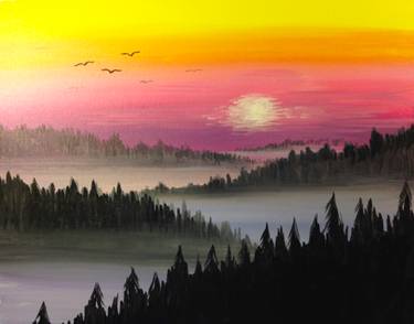 A Misty Mountain Sunrise paint nite project by Yaymaker