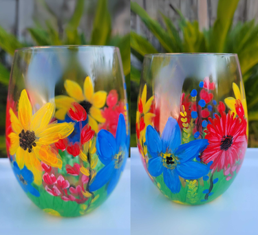 Stemless Wine Glass Painting (2 glasses), "Bright Blooms" - Paint and sip event at Grafted Cellars Winery & Restaurant in Claremont, CA - PaintNite.com