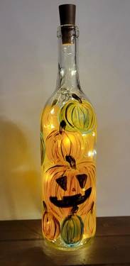 Halloween "Pumpkin Patch" Wine Bottle Painting with Fairy Lights - Paint Nite event in Chino Hills, CA