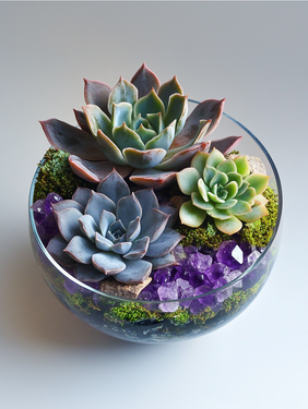 A Succulent Garden Glass Bowl with crushed purple gems  experience project by Yaymaker
