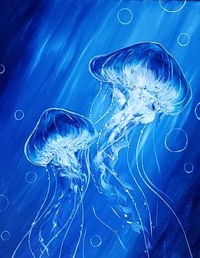 Two Blue Jellyfish - Paint and sip event at Cap's Oak Street Bar & Grill in Brentwood, CA - PaintNite.com