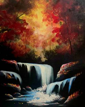 Autumn Forest Waterfall - Paint and sip event at Saffron's in Winnipeg, MB - PaintNite.com