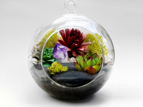 A Hanging Glass Globe Succulent Terrarium WLarge Black Rocks amp Amethyst Crystal plant nite project by Yaymaker