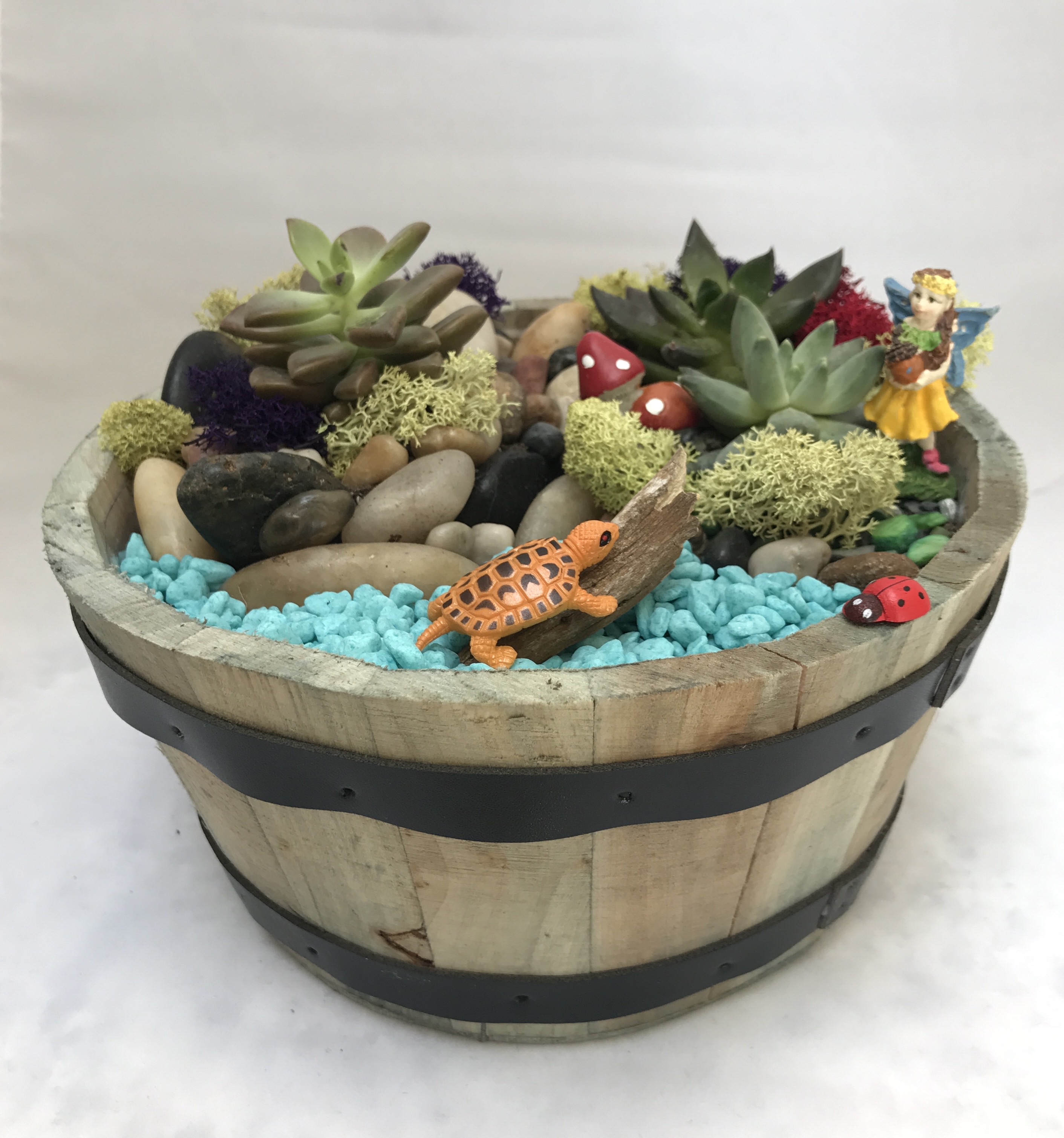 A Fairy in Wooden Barrel Planter with turtle plant nite project by Yaymaker