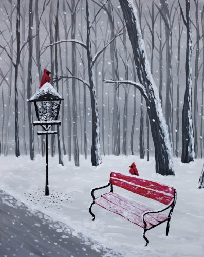 A Snowy Winter Cardinals paint nite project by Yaymaker