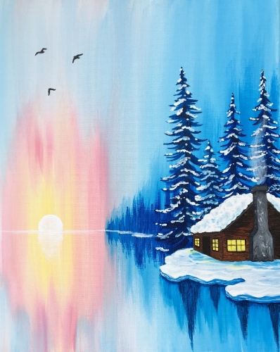 A Winter Cabin Sunrise paint nite project by Yaymaker