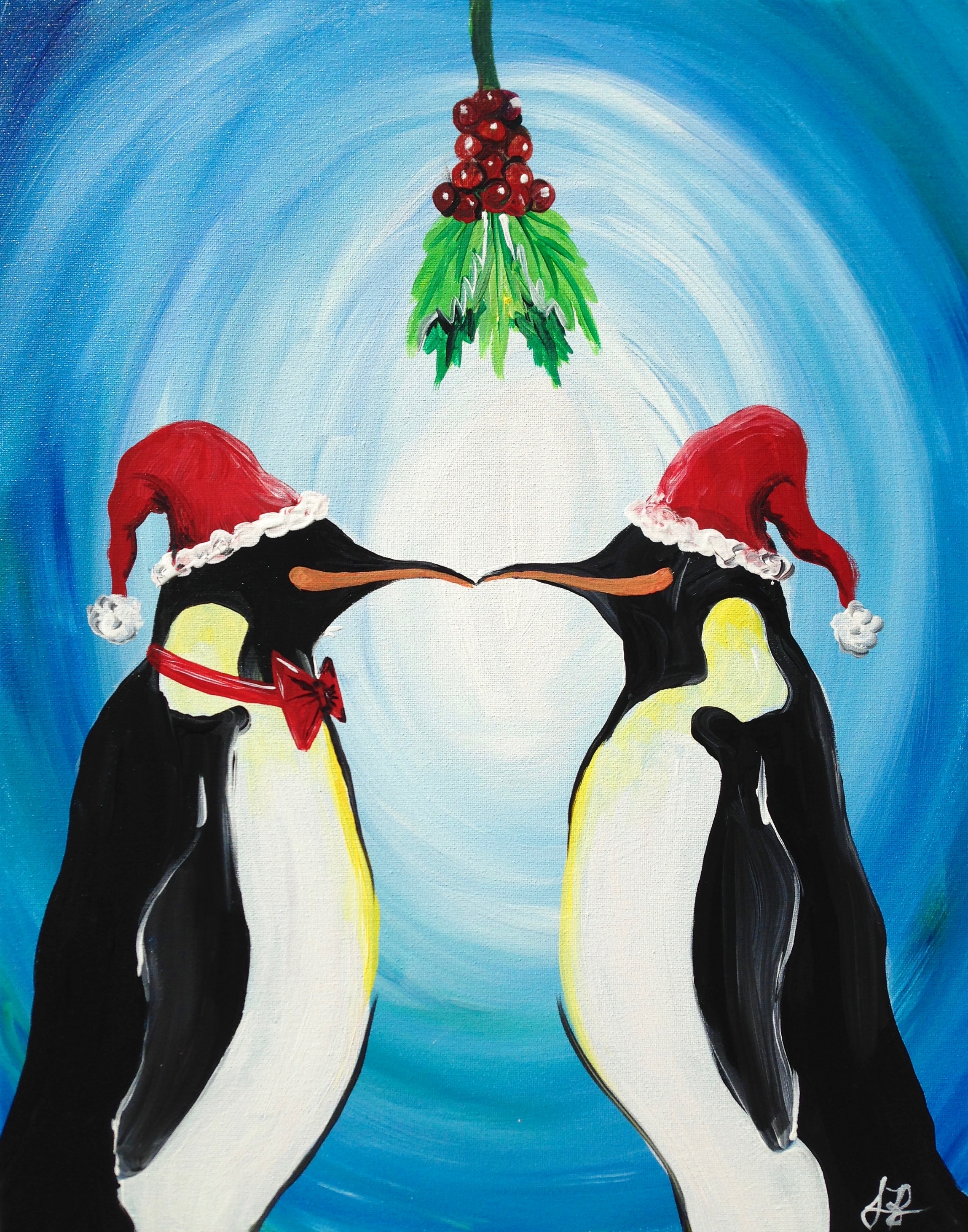 A Mistletoe Penguins paint nite project by Yaymaker