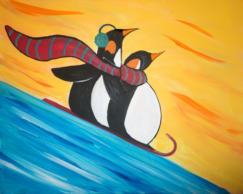 A Penguins Snow Day Sledding paint nite project by Yaymaker