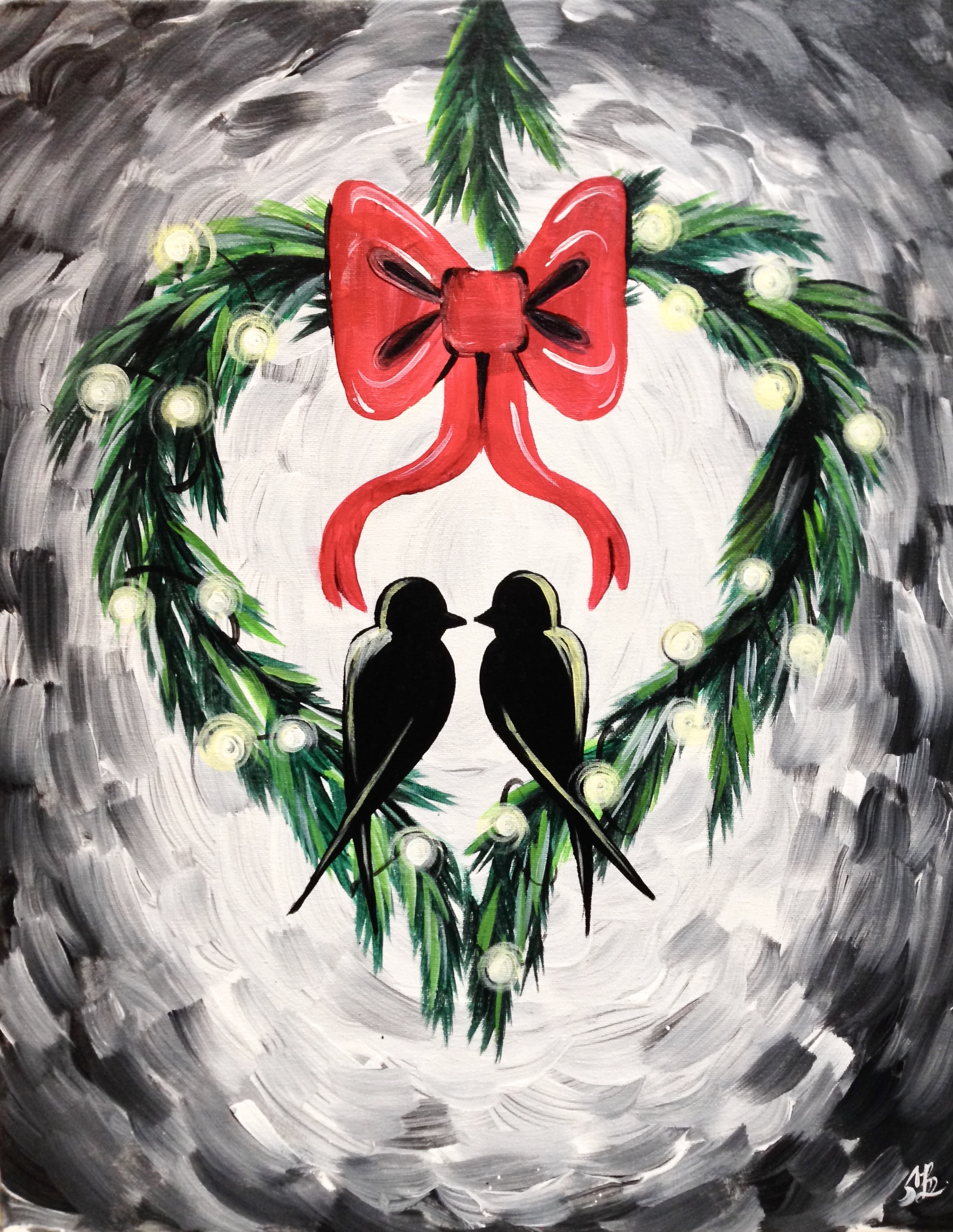 A Winter Wreath Love Birds paint nite project by Yaymaker