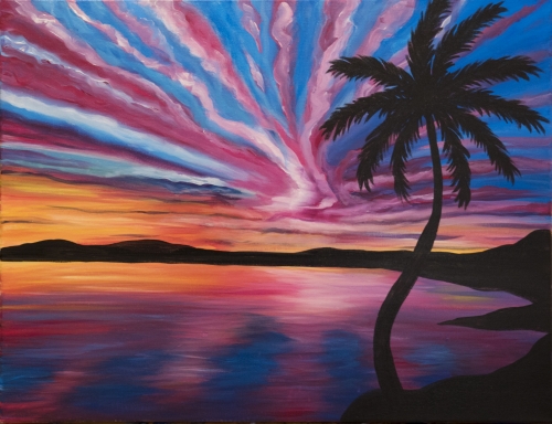 A Vibrant Tropical Sunset Reflecting on the Ocean paint nite project by Yaymaker