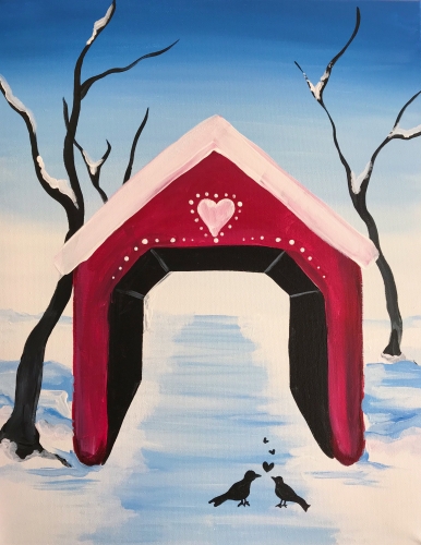 A Love Birds Under Snowy Covered Bridge paint nite project by Yaymaker