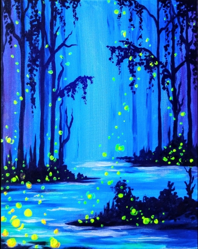 A Enchanted Firefly Forest BLACK LIGHT PAINTING paint nite project by Yaymaker