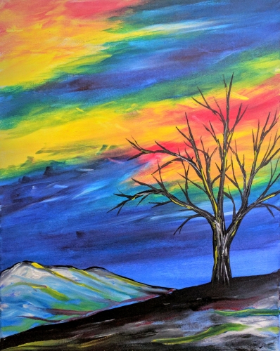 A Winter Tree with Bright Rainbow Sky paint nite project by Yaymaker