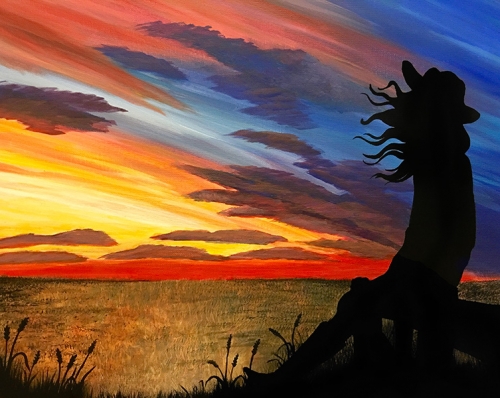 A Cowgirl Sunset paint nite project by Yaymaker