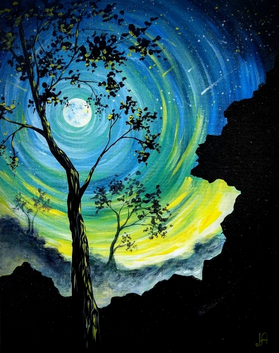 A Teal Moonlit Tree paint nite project by Yaymaker
