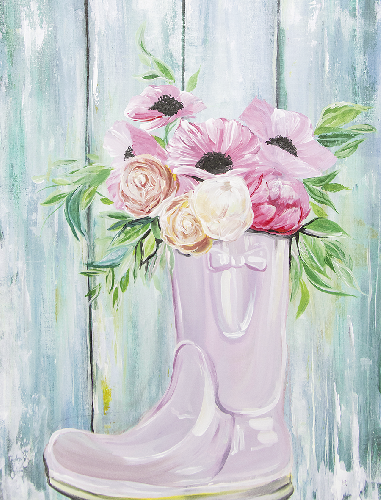 A Rain Boot Flowers By Barn Wood paint nite project by Yaymaker