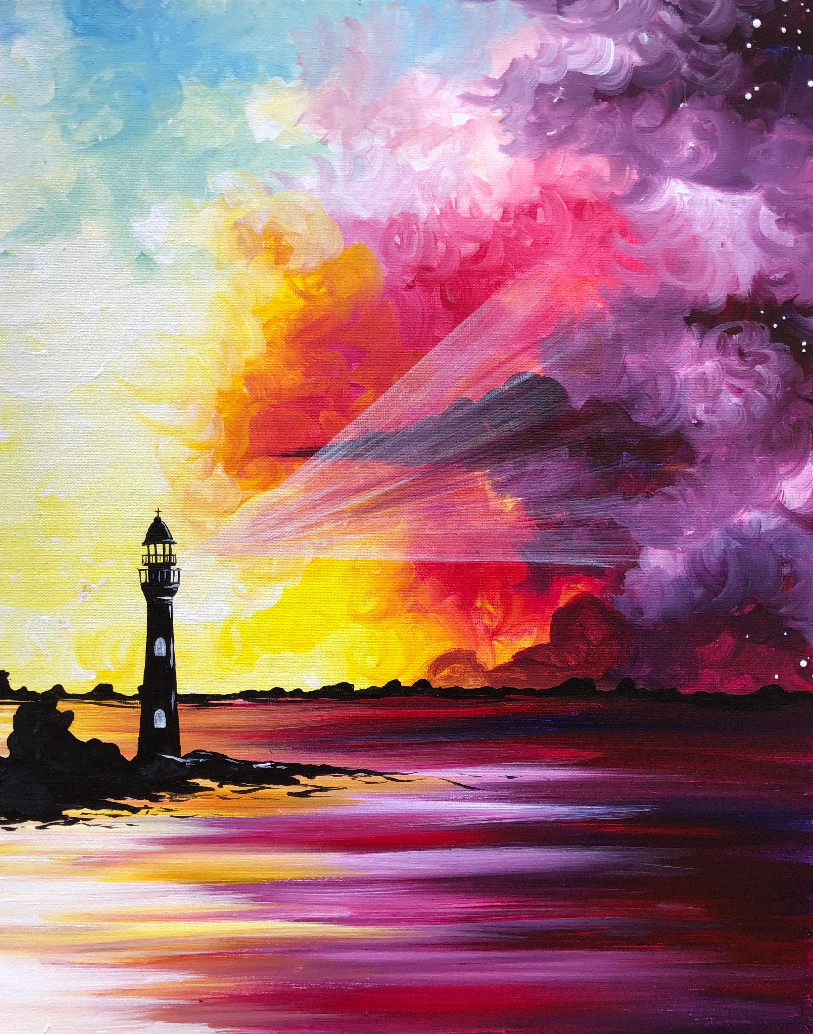 A Sorbet Sunset Lighthouse paint nite project by Yaymaker