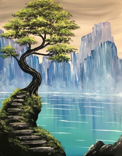 A Misty Mountain Lake paint nite project by Yaymaker