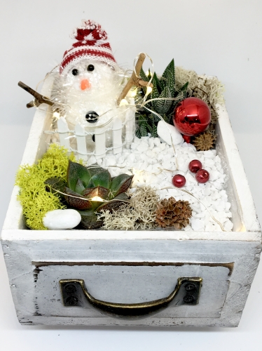 A Snowman Wood Drawer with Fairy Lights plant nite project by Yaymaker