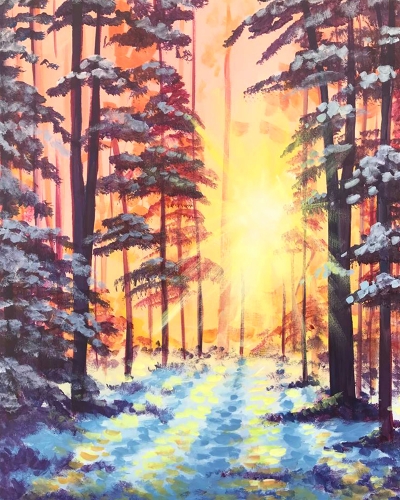 A Winter Forest Sunrise paint nite project by Yaymaker