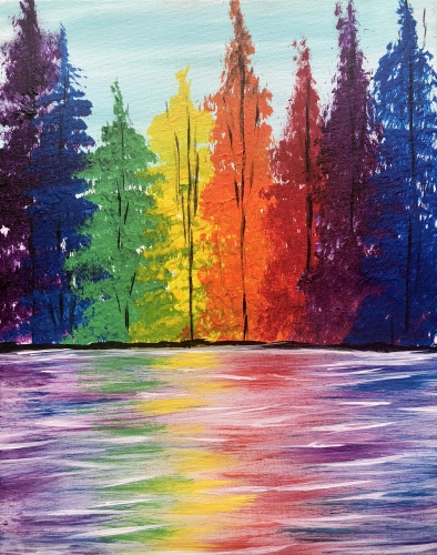 A Rainbow Trees on the Lake paint nite project by Yaymaker