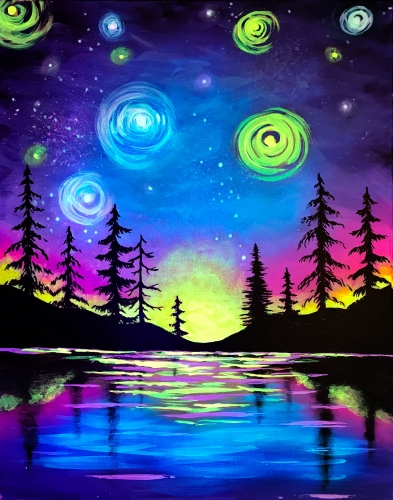 A Starry Lake Sunset Black Light paint nite project by Yaymaker