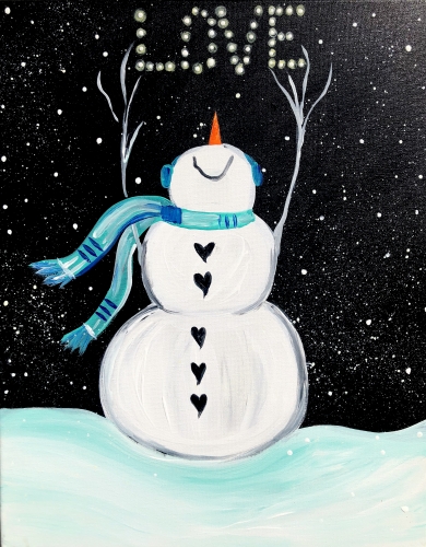 A Winter Snowman Love paint nite project by Yaymaker