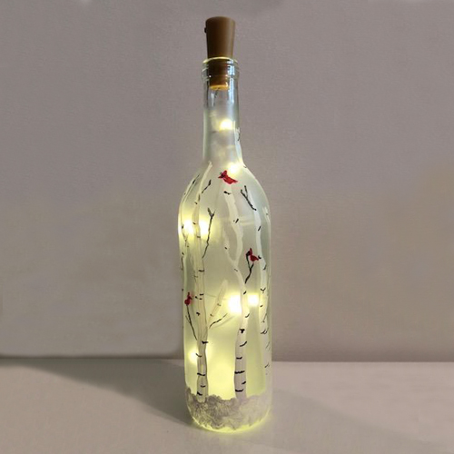 A Wine Bottle Frosty Birches Twinkle Lights paint nite project by Yaymaker