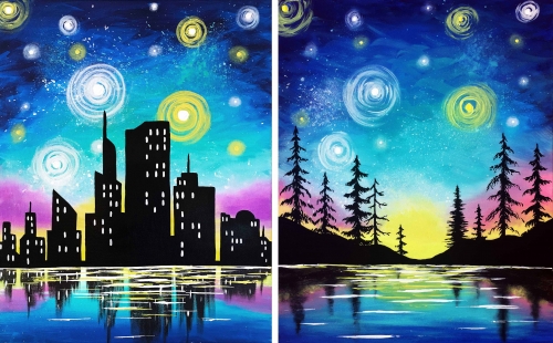 A Starry Lake Sunset Partner Painting paint nite project by Yaymaker