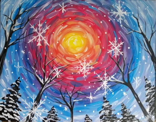 A Snowflake Sunset with Pines paint nite project by Yaymaker