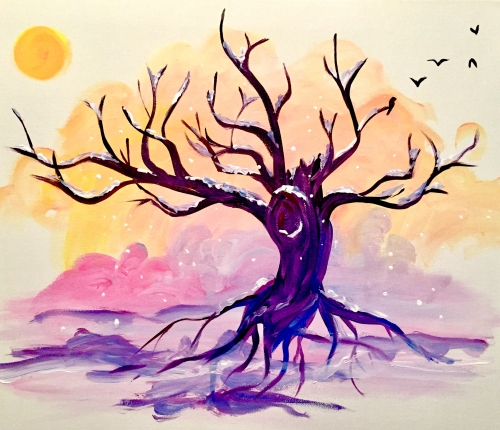 A Snowy Oak Sunset paint nite project by Yaymaker