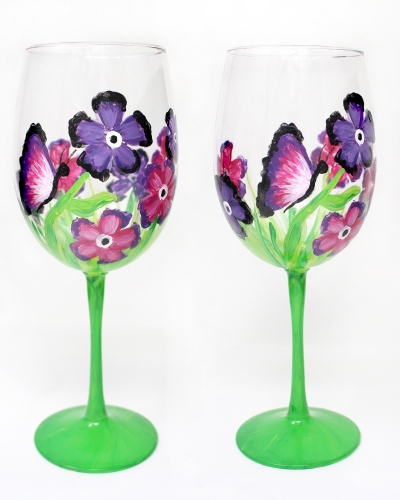 A Butterfly Garden Wine Glasses II paint nite project by Yaymaker