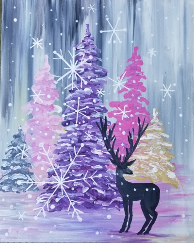 A Snowy Pastel Pines with Deer paint nite project by Yaymaker