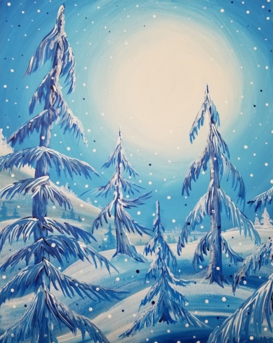 A Blue Winter Pines paint nite project by Yaymaker