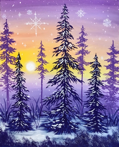 A Winter Forest Sunset paint nite project by Yaymaker